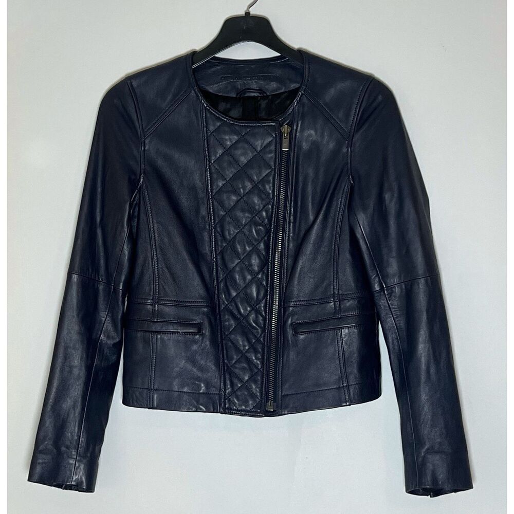 Comptoir Des Cotonniers Navy Sheep Leather Quilted Moto Jacket Women’s Zip Front